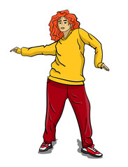 A girl with curly long red hair dressed in a yellow sweatshirt and red trousers dancing popping on a white background eps 10 illustration