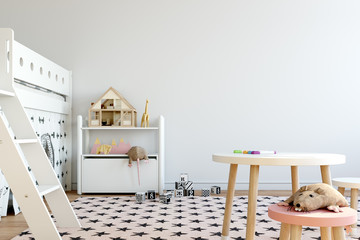 mock up wall in child room interior. Interior scandinavian style. 3d rendering, 3d illustration