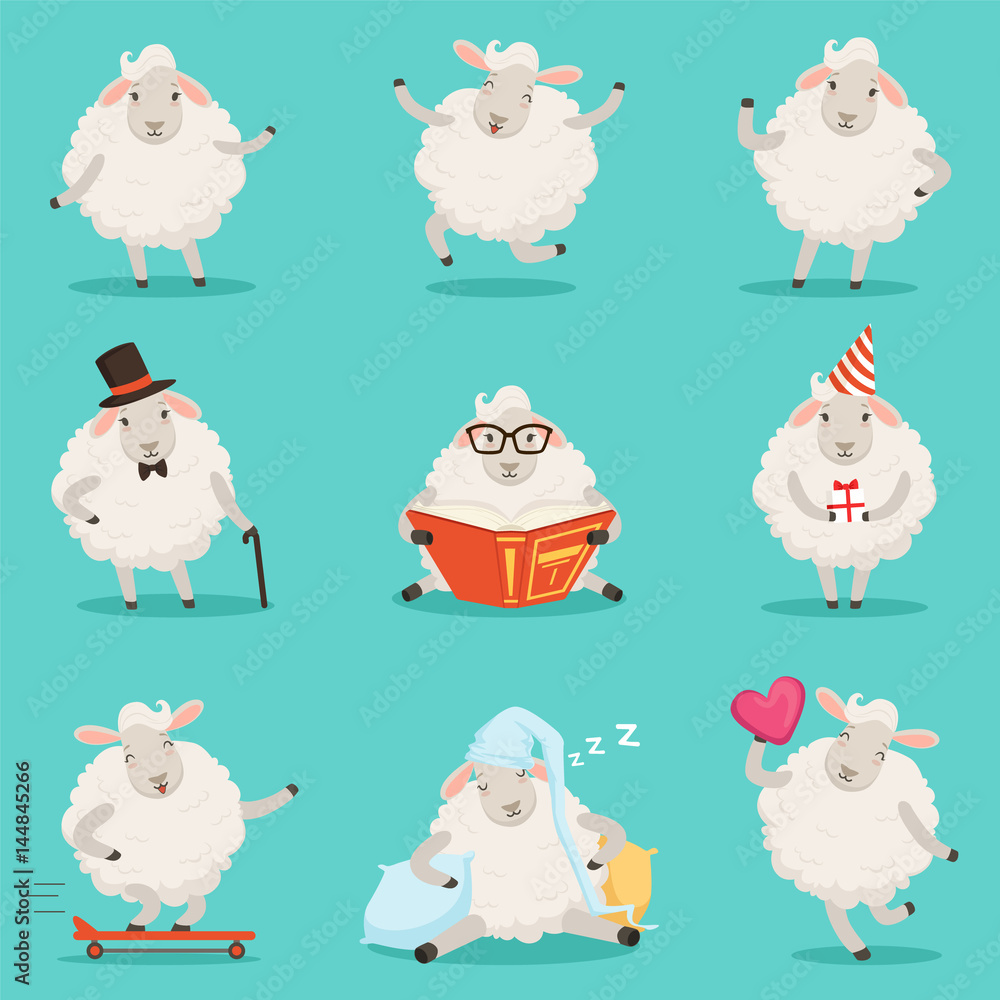 Sticker Cute little sheep cartoon characters set for label design. Colorful detailed vector Illustrations isolated on white background