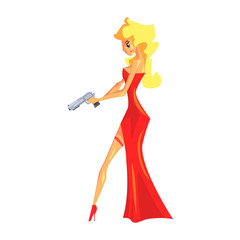 Secret Service Female Agent In Red Dress With Gun. Sexy Blond Woman Professional Asset On Duty.
