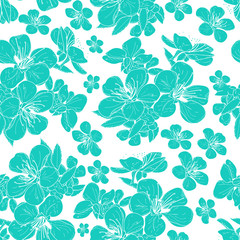 Cherry flower seamless pattern. Romantic background with sakura flowers and leaves