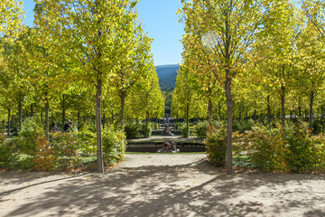 baroque fountain of the gardens of the royal palace of The Farm of San Ildefonso in Segovia, Castile, Spain.