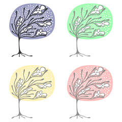 Vector set of hand drawn illustrations, decorative ornamental stylized tree. Graphic illustrations isolated on the white background. Decorative artistic ornamental hand drawing silhouette.