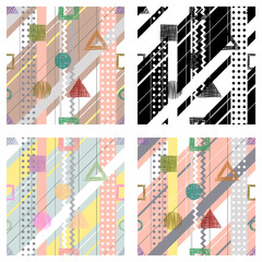 Set of seamless vector geometrical abstract patterns with lines, dots, diagonal stripes. Endless backgrounds with different hand drawn geometric figures. Print for backgrounds web, wallpaper, wrapping