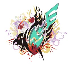 Grunge eagle with red hearts. Abstract eagle symbol against red hearts with arrows, red asterisks, gold eagle wings and the floral twirled elements 