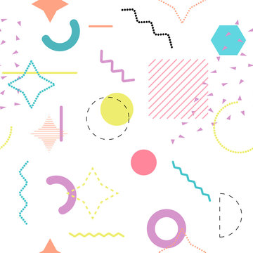 Abstract seamless patterns 80's-90's styles. Trendy memphis style. Colorful geometric background set.