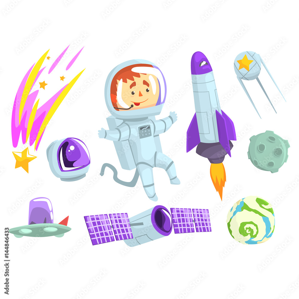 Wall mural Astronauts in space, set for label design. Cosmos exploration colorful cartoon detailed Illustrations