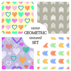 Fototapeta na wymiar Set of seamless vector geometrical patterns with different geometric figures, forms. pastel endless background with hand drawn textured geometric figures. Graphic vector illustration
