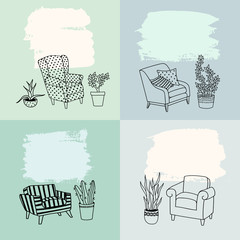 Vector set of the furniture of living room. Armchairs and plants. Brush strokes with plenty space for your text