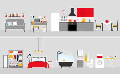 Vector set of furniture of living room, workplace, kitchen, wardrobe, bedroom, bathroom, laundry