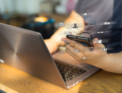 Woman hands work on labtop and smart phone.
