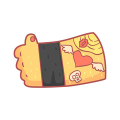 Male hand with tattoos showing thumbs up sign