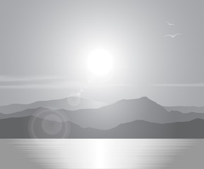 Landscape with sunset at the seashore over mountain range. Black and white vector illustration.