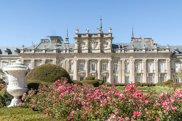 sight of the front and of the gardens of the royal palace of The Farm of San Ildefonso in Segovia, Castile, Spain.