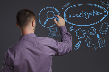 Business, Technology, Internet and network concept. A young businessman writes on the blackboard the word: Investigation