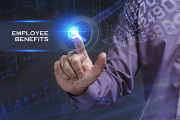 Business, Technology, Internet and network concept. Young businessman working on a virtual screen of the future and sees the inscription: Employee benefits