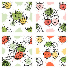 Vector fruits seamless pattern. Watermelon, apple, strawberry, cherry with leaves, blots, drops, splash Hand drawn contour lines and strokes Doodle sketch style, graphic vector drawing illustration