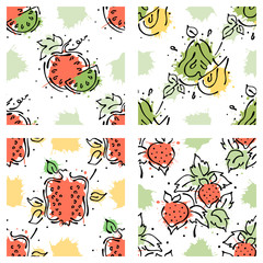 Vector fruits seamless pattern. Watermelon, pear, strawberry, pomegranate with leaves, blots, drops splash Hand drawn contour lines and strokes Doodle sketch style, graphic vector drawing illustration