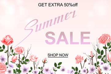 Advertisement about the summer sale on defocused background with beautiful roses. Vector illustration.