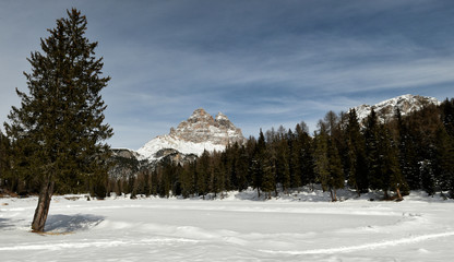 Tre Cime di Lavaredo (Drei Zinnen) as seen from Antorno lake, Dolomites, Veneto, Italy. 