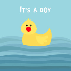 Its a boy. Funny yellow duck bird toy. Baby shower card. Sea ocean wave. Blue background. Cute cartoon character. Flat design.