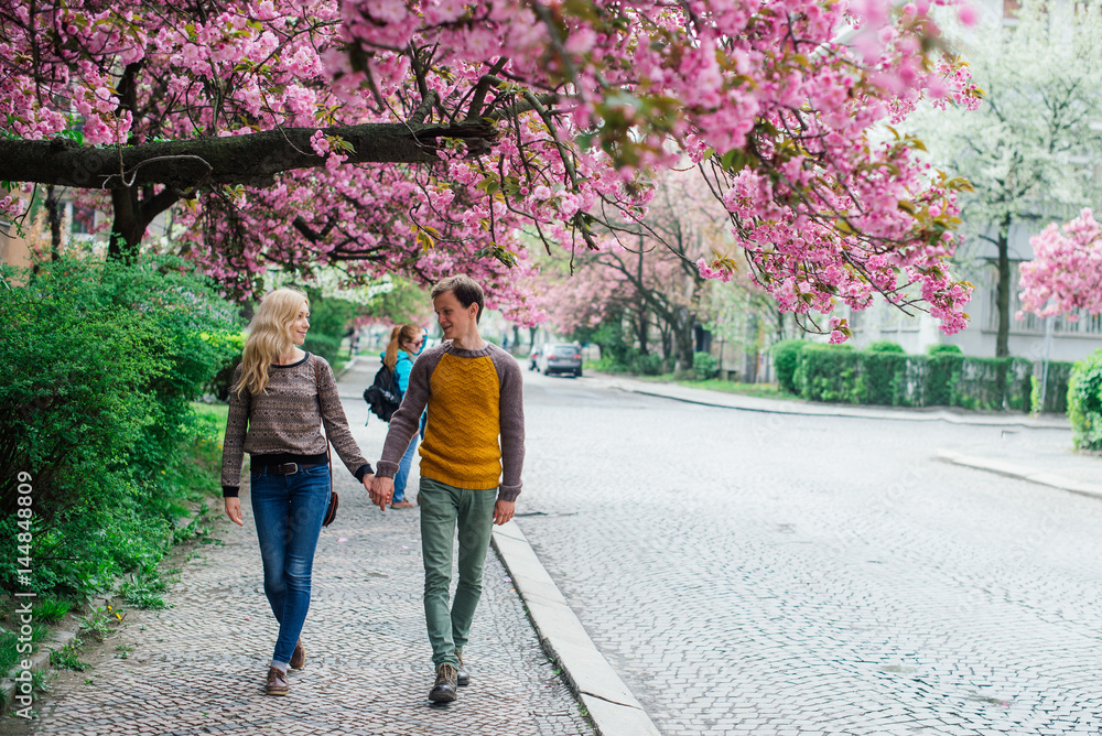 Wall mural Couple walks in the spring city and t holds hands