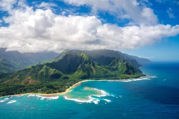 Door stickers Island Aerial View on Napali Coast on Kauai island on Hawaii from helicopter