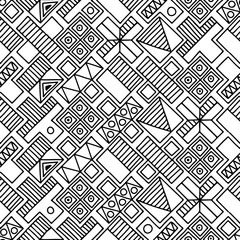 Seamless vector pattern. Black and white geometrical background with hand drawn decorative tribal elements. Print with ethnic, folk, traditional motifs. Graphic vector illustration.