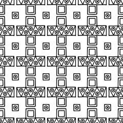 Seamless vector pattern. Black and white geometrical background with hand drawn decorative tribal elements. Print with ethnic, folk, traditional motifs. Graphic vector illustration.