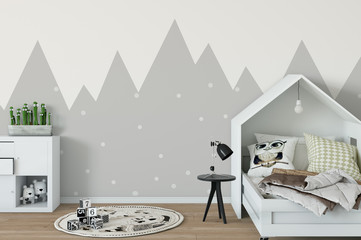  mock up wall in child room interior. Interior scandinavian style. 3d rendering, 3d illustration