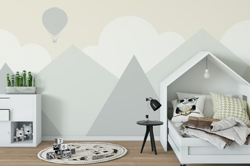  mock up wall in child room interior. Interior scandinavian style. 3d rendering, 3d illustration