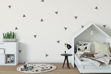  mock up wall in child room interior. Interior scandinavian style. 3d rendering, 3d illustration