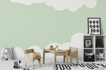 mock up wall in child room interior. Interior scandinavian style. 3d rendering, 3d illustration