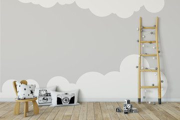 Fototapeta premium mock up wall in child room interior. Interior scandinavian style. 3d rendering, 3d illustration