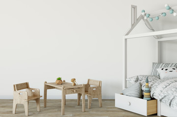 mock up wall in child room interior. Interior scandinavian style. 3d rendering, 3d illustration