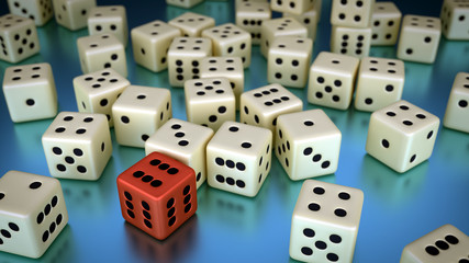 Viele Spielwürfel, einer ist manipuliert, hat auf jeder Seite sechs Augen - Glücksspiel