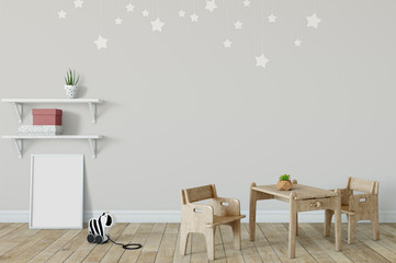 mock up wall in child room interior. Interior scandinavian style. 3d rendering, 3d illustration