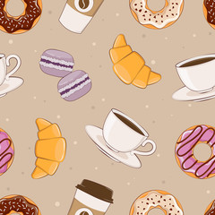 A simple pattern. Seamless background with the image of breakfast. Vector illustration. Sweets and coffee.