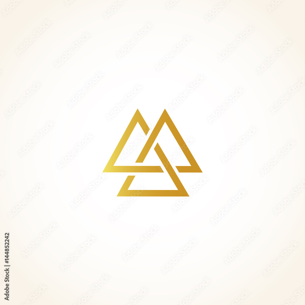 Poster isolated abstract golden color triangles contour logo on black background, geometric triangular shap