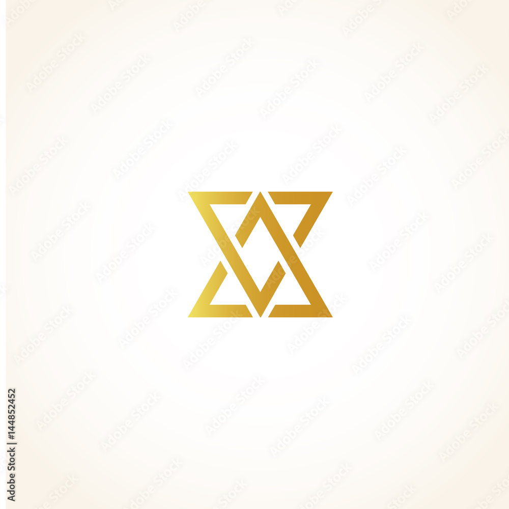 Poster isolated abstract golden color triangles contour logo on black background, geometric triangular shap