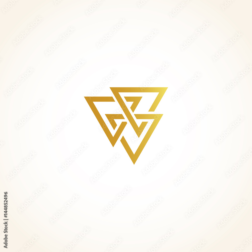 Poster isolated abstract golden color triangles contour logo on black background, geometric triangular shap