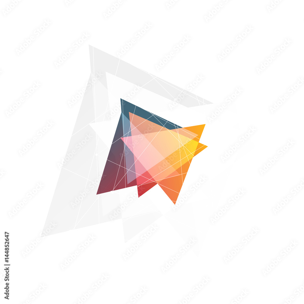 Poster isolated abstract pink and orange color triangle logo on black background, geometric triangular shap