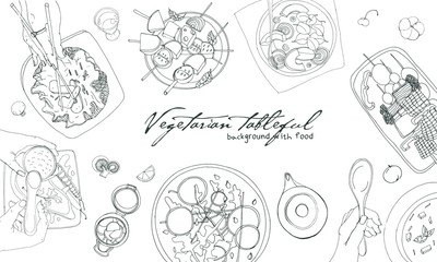 Festive vegetarian tableful, laid table, holidays hand drawn contour illustration, top view. Background with place for text.