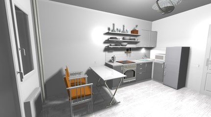 small kitchen in the interior 3D rendering design