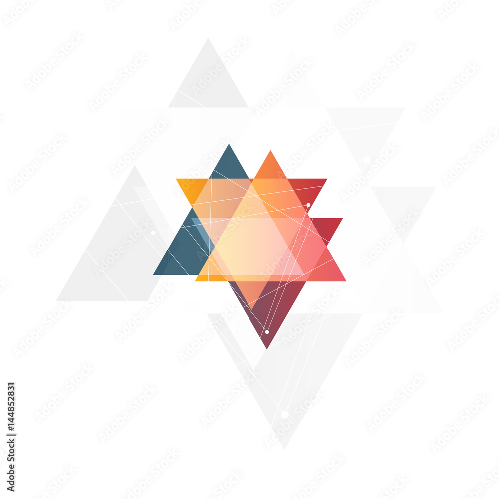 Poster isolated abstract pink and orange color triangle logo on black background, geometric triangular shap