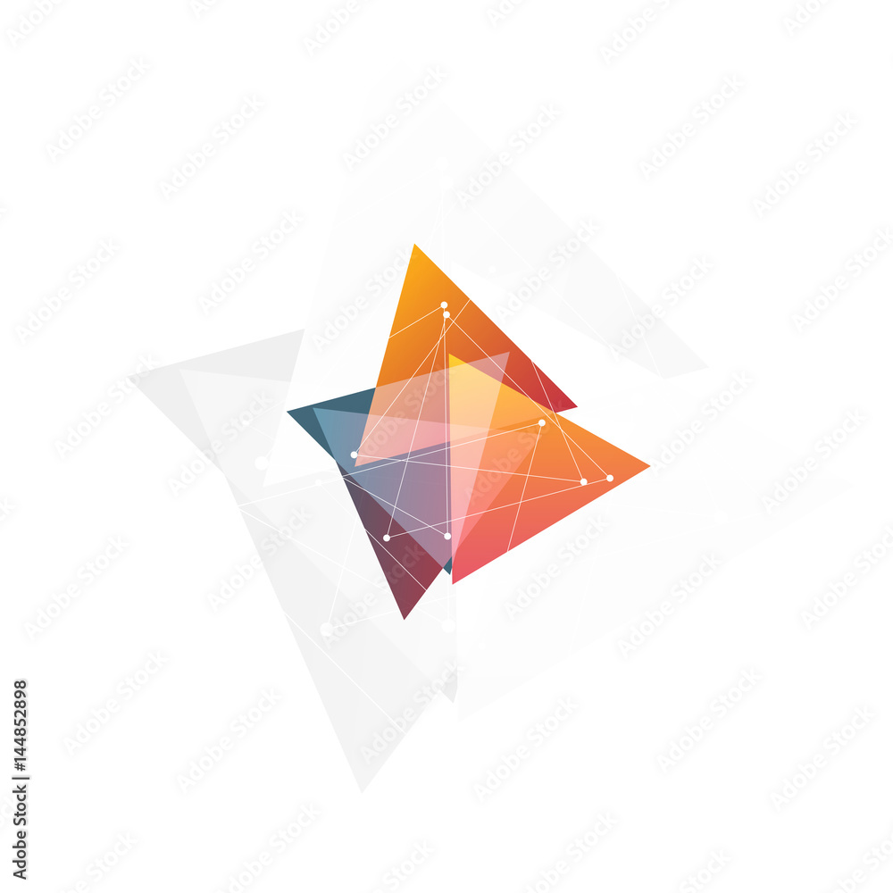 Poster isolated abstract pink and orange color triangle logo on black background, geometric triangular shap