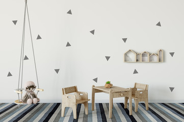 Fototapeta premium mock up wall in child room interior. Interior scandinavian style. 3d rendering, 3d illustration