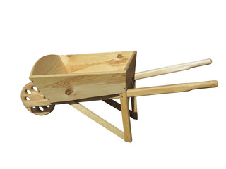 Empty wooden wheelbarrow cart for the garden isolated over white