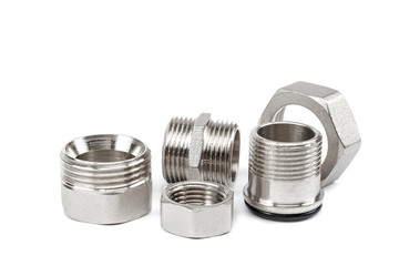 Plumbing metal coupling, an adapte on white background.