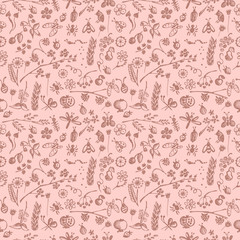Seamless vector pattern, background with hand drawn cute insects, animals, fruits, flowers, leaves, decorative elements Hand sketch line drawing. doodle style Series of Hand Drawn seamless Patterns.